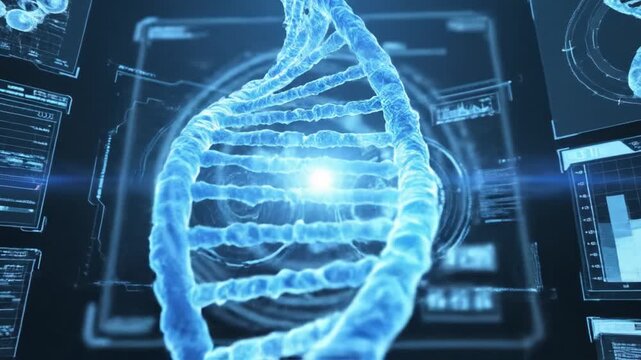 DNA helix structure genetic code for medical research, biotechnology science background, molecular model blue light digital screen laboratory with genome data visualization and biomedical analysis