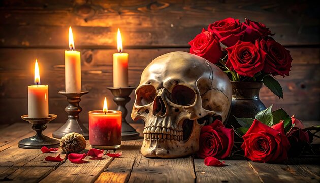 Skull with roses and lit candles.