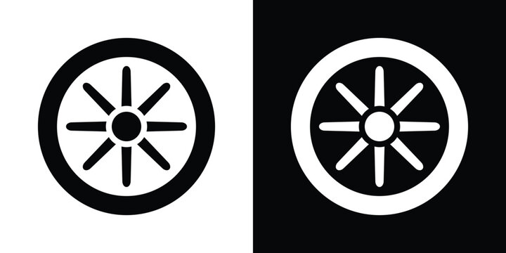 Black and white circular geometric patterns with radial lines and central dot on contrasting backgrounds