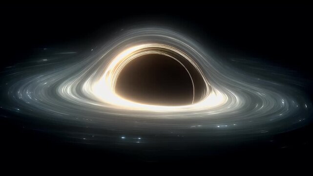 Black hole, fantasy, mysterious. A digital artwork depicts a swirling vortex of light and shadow against a dark background. The vortex is illuminated by a warm, golden light at the center.