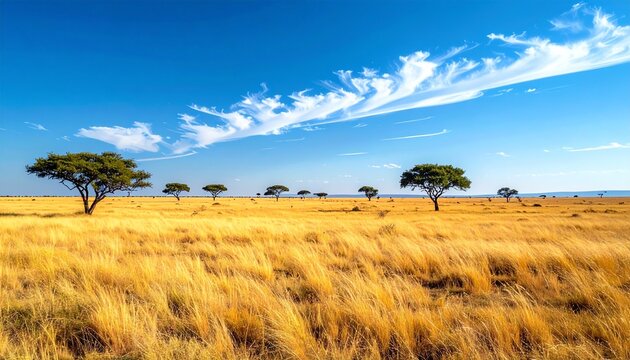 Savannah landscape with acacia trees grass.