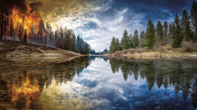 Juxtaposition of wildfire destruction and serene nature divided by a still body of water