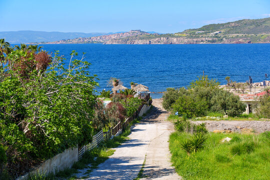 Petra Coastline and Molyvos Castle View on Lesvos Island, Greece