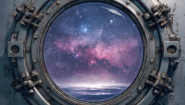 View of a colorful nebula and ocean through a heavy-duty, circular metal porthole with bolts and latches