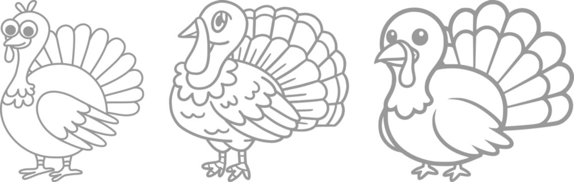 Cute turkey bird vector set for Thanksgiving holiday designs. Cartoon turkey characters with outline style isolated for autumn festive graphics.