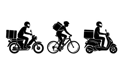 Fototapeta premium Delivery Rider Vector Illustration on Bicycle and Scooters with Helmets and Boxes for Food Delivery, Courier Services, and Stock Designs