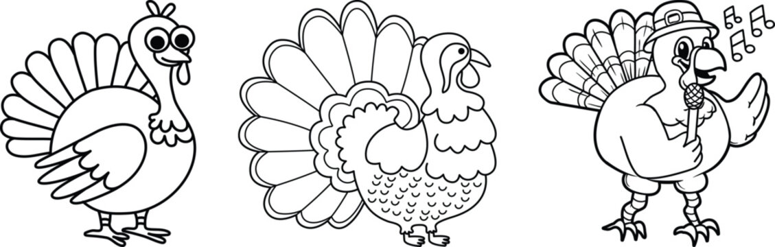 Cute turkey bird vector set for Thanksgiving holiday designs. Cartoon turkey characters with outline style isolated for autumn festive graphics.