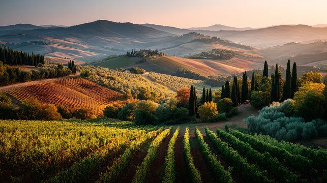A scenic vineyard landscape at dusk with rolling hills, rows of grapevines and cypress trees