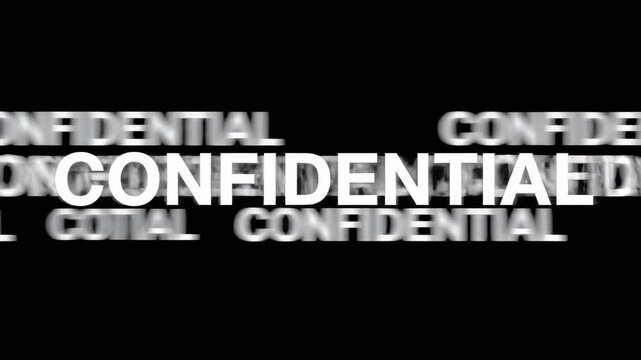 Animated kinetic typography featuring the word "CONFIDENTIAL" with modern digital glitch and distortion effects on a black background. Excellent for secret document reveals, espionage trailers, cyber 