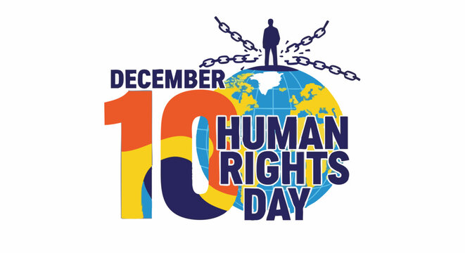 Human Rights Day logo in colorful vibrant lighting with globe and broken chains for social activism
