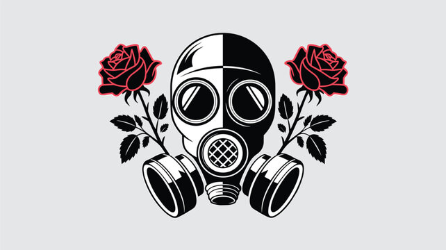 A black and white gas mask graphic element is positioned symmetrically between two vibrant red roses against a solid light grey background in a clean vector illustration style.