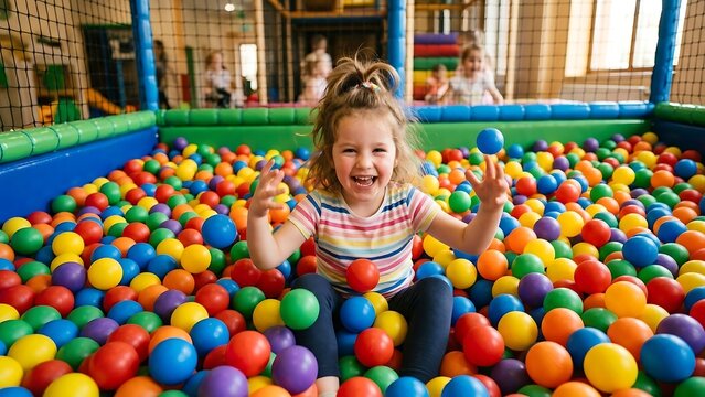 Happy young girl playing in a colorful ball pit at an indoor playground