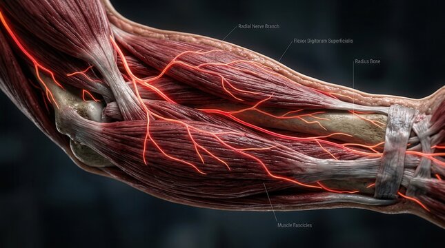 Anatomical illustration of human forearm muscles, nerves, and radius bone with glowing red highlights