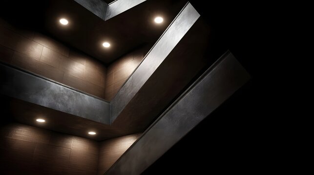 A sophisticated interior corner defined by geometric lines and dramatic recessed spotlighting