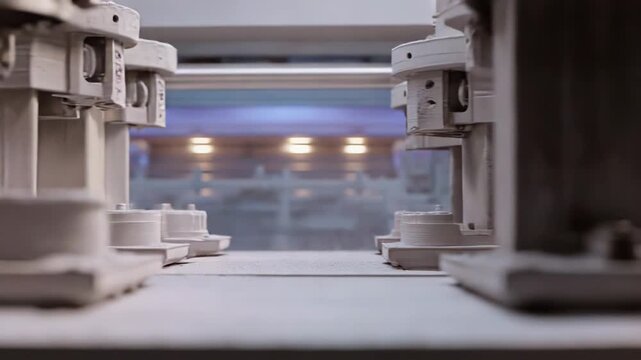 Automated machine parts precisely processing white powder on a modern factory conveyor, showcasing advanced industrial robotics and high tech production line efficiency and control