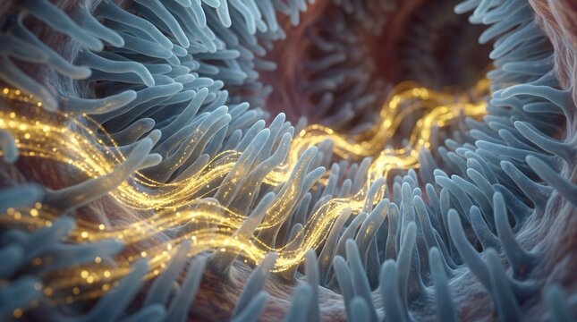 Microscopic view of bioluminescent plankton or microorganisms glowing with golden light amidst blue tentacles of a sea anemone