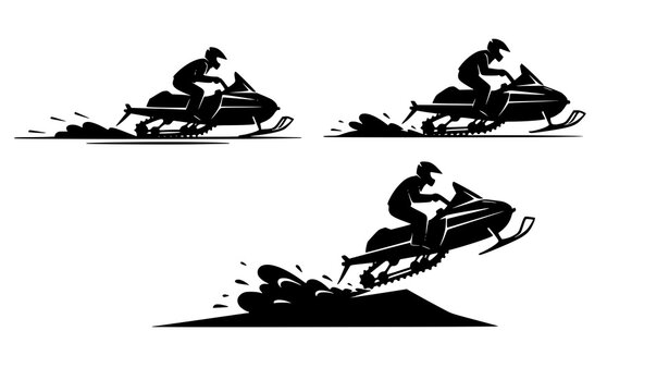 Snowmobile Riders Silhouette Vector Set of Action Motocross Style Winter Sports Icons