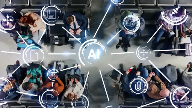 Multiracial men and women in airport using AI deep learning to analyze passenger movement patterns. High angle shot of modern airport neural network used to optimize tourists flow