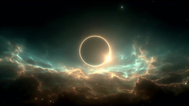 Eclipse, fantasy, mysterious, supernatural. A digital artwork depicts a celestial scene. A radiant, glowing ring of light is the central subject, surrounded by swirling patterns of light and shadow.