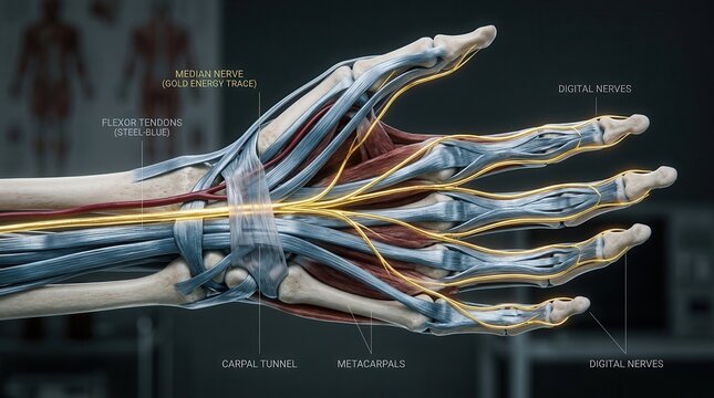 Detailed 3D medical illustration of the human hand anatomy showing bones, tendons, median nerve, and digital nerves