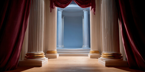 Fototapeta premium Classical stage set with tall white columns and red velvet curtains framing a wooden floor and blue backdrop in theatrical interior