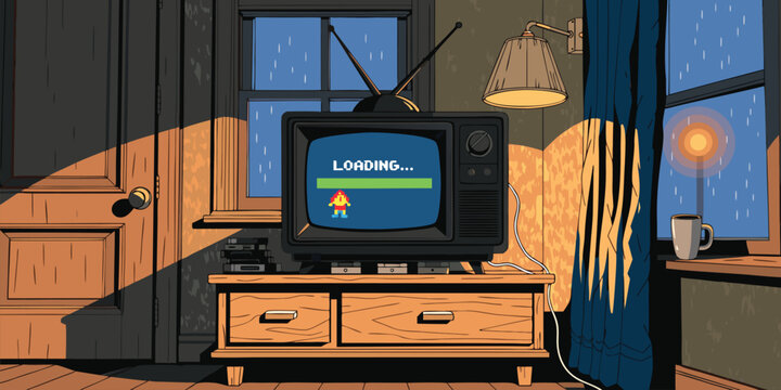 Retro vintage television in a cozy illustrated room with a pixelated game loading screen