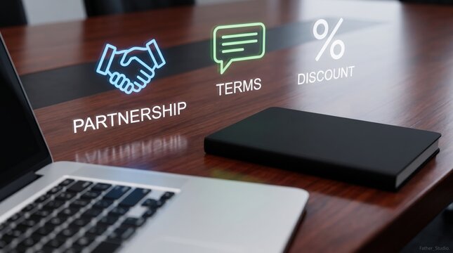 Business Negotiation Concept: Floating Holographic Partnership and Discount Icons Over Boardroom Table