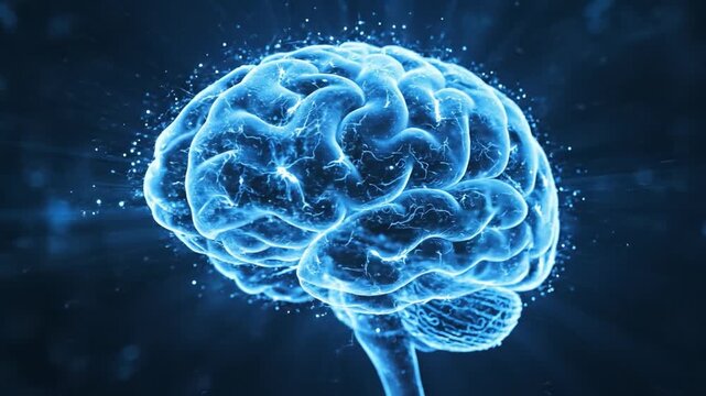Glowing human brain in dark blue background with neural light and energy, blue digital science medical anatomy, glowing brain and medical science neural network concept