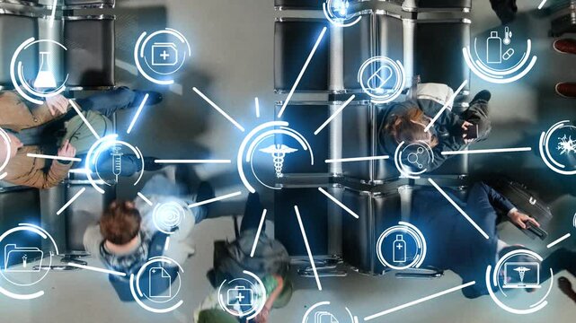 High angle shot of innovative airport with medical diagnostics hardware monitoring tourists vital signs, VFX. Automated airport doing health screening for passengers, digital graphics overlay