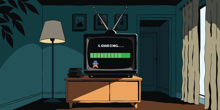 Retro Vintage Television Displaying A Nostalgic Pixelated Loading Screen In A Dimly Lit Dark Room Atmosphere