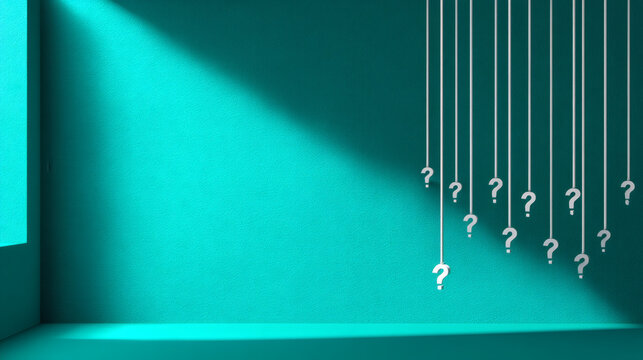 3D illustration of multiple white question marks hanging in a diagonal line across an isolated primary cyan wall, strong directional light sculpts long dramatic shadows and emphasizes form, 