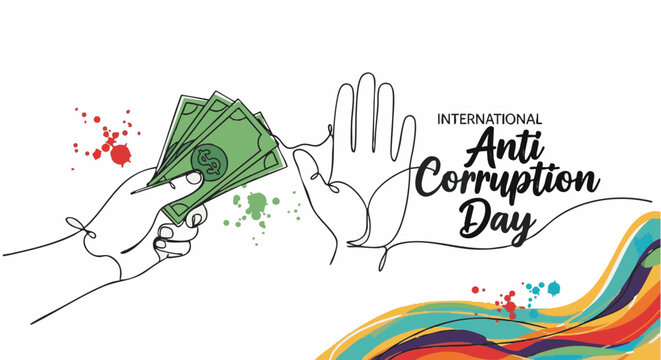 International Anti Corruption Day awareness illustration with hand refusing bribe in bold colorful line art for social media campaign