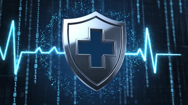Cyber security shield protection for health data and network safety with pulse line binary code background and glowing medical cross concept