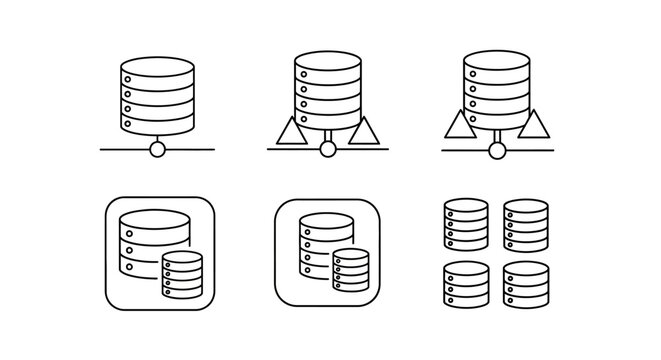 Set of database server icons with network and cloud storage symbols