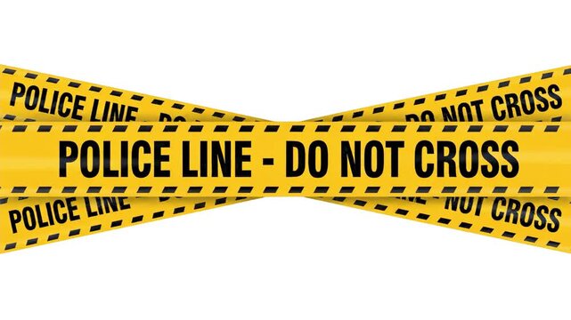 Animated crossed yellow police line tape with black "POLICE LINE - DO NOT CROSS" warning text, isolated on a clean white background. Perfect for crime scene recreation, detective series, true crime do