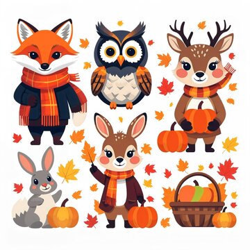 Autumn woodland creatures adorned in cozy scarves and hats celebrate the harvest season amidst falling leaves and pumpkins.