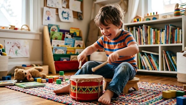 Young boy enthusiastically playing a small red drum with a stick in a colorful