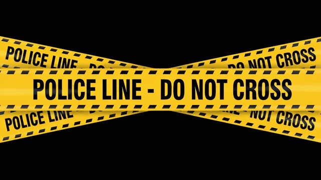 Vivid yellow warning tapes with black text reading "POLICE LINE - DO NOT CROSS" intersecting over a solid black backdrop. This striking graphic asset is designed for true crime podcasts, news broadcas