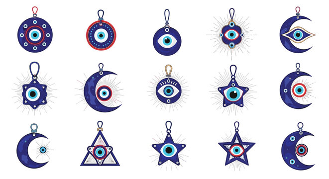 Variety of blue evil eye pendants and talismans in different shapes like circles, moons, stars, and triangles for protection and good luck.