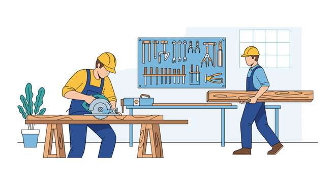 Skilled carpenters working together in a professional woodworking shop using a circular saw and carrying large timber planks for building tasks.