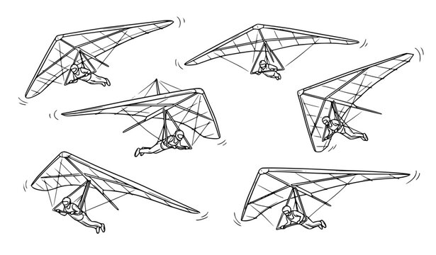 Wireframe Hang Gliders Vector Illustration in Side and Angled Views for Aviation, Extreme Sports, Instructional, and Stock Designs
