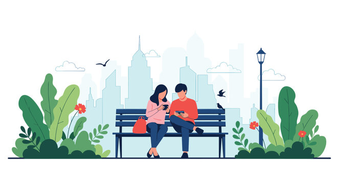 Couple sitting on a wooden bench in a public park while ignoring each other and looking at their smartphones against a city backdrop.