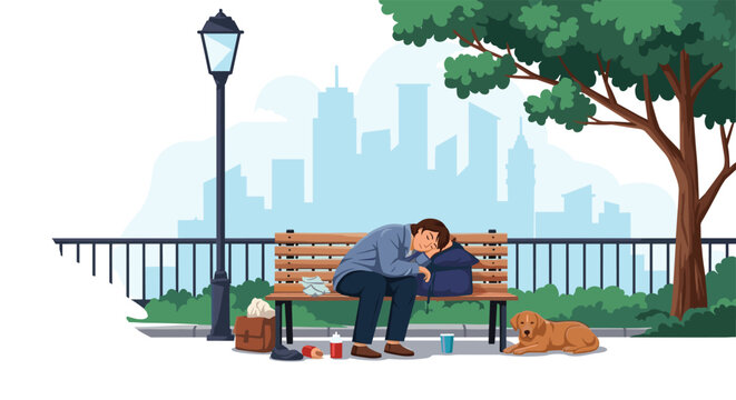 Lonely homeless man sleeping on a park bench next to his faithful dog with a city skyline and morning light in the background.