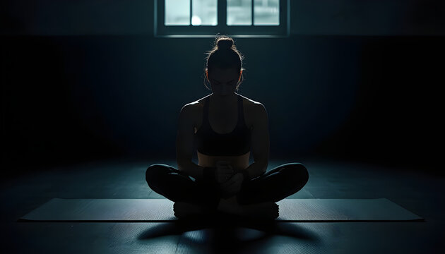 "Young woman practicing mindfulness and deep breathing exercise in low light gym room"