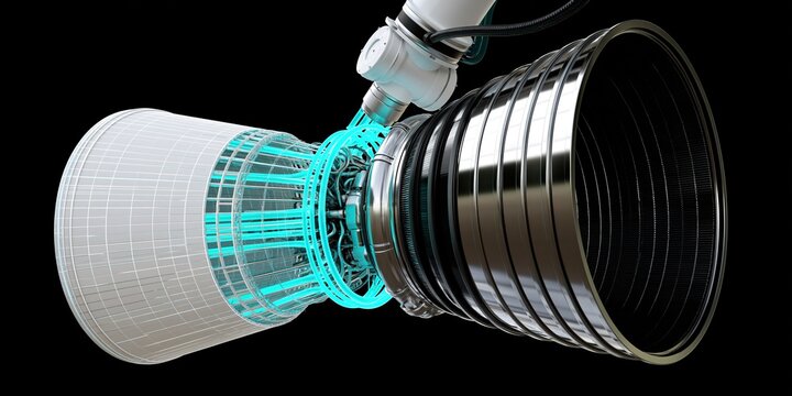 Robotic Arm with Teal-Cyan Cables and Silver Cylinder