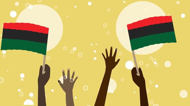 ​Official Juneteenth celebration video background. Animated backdrop featuring hands raising pan-african flags with festive bokeh light effects on a warm yellow sky. 66877.mp4.
