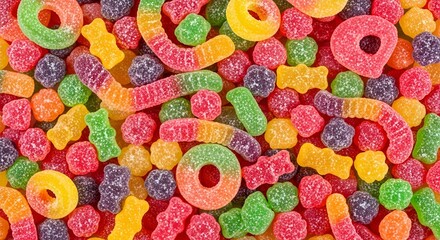 Fototapeta premium Colorful Assorted Gummy Candies Background, Sweet Treats Texture