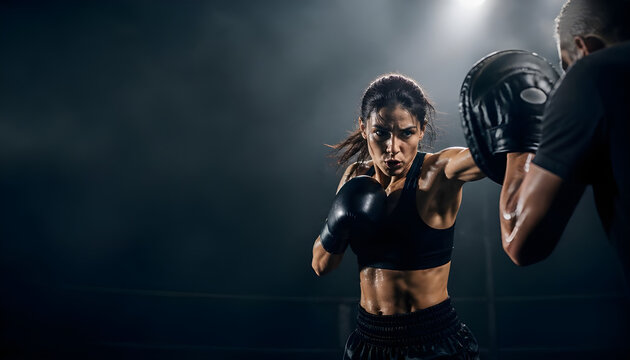 "Determined female boxer striking focus mitts during intense training session with coach"