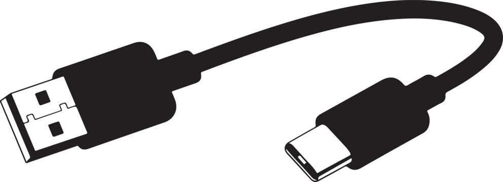 USB-C to USB cable, black cord, vector connector, data transfer wire