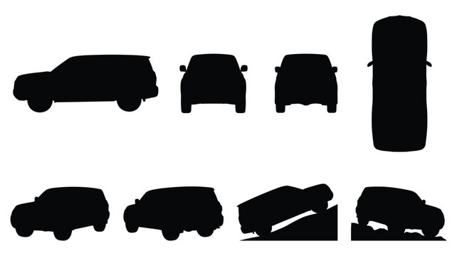 Mid-Size SUV Silhouette Set &mdash; Side, Front, Top, Climbing and Tilted Action Views, Isolated Black Vector Icons